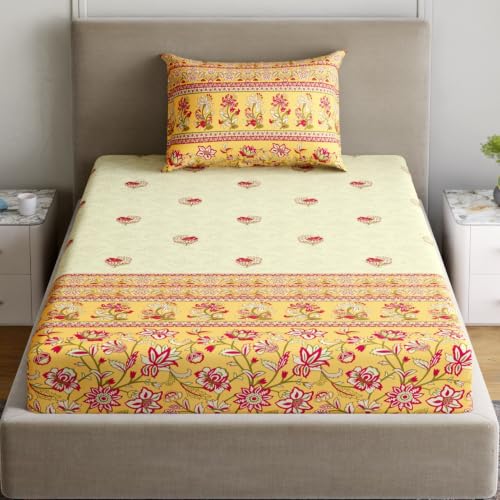 Image of Home Ecstasy 100% Cotton Single Bedsheet with 1 Pillow Cover - (Size 59 x 87 inches, TC, Colour - Yellow)