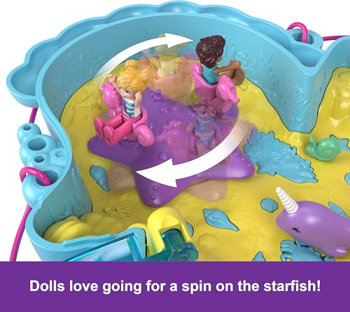 Polly Pocket-Puppen und Spielset mit Tieren und 13 Zubehörteilen, 2-in-1 Daddy and Me Seepferdchenschatulle, tragbare Tasche und Tierspielzeug, mit Shani, HWP03