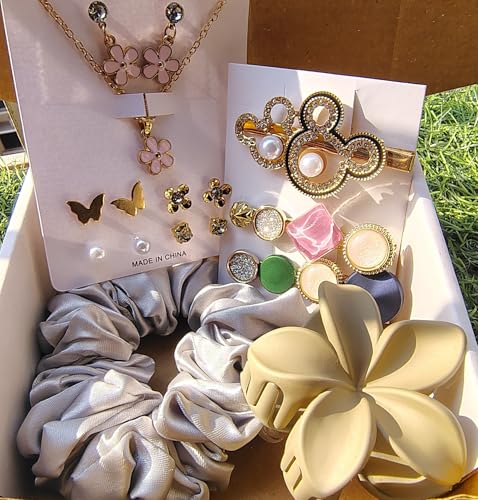 Image of Styling Fashion Accessories Gift Hamper Trendy flower Clutcher, flower Nacklace Chain with earring, Srunchies, 4 Tops earrings set and 3 Pins Clip with Box (Pack of 11)
