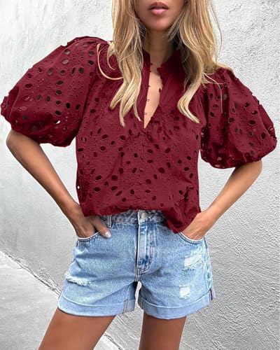 BETTE BOUTIK Women's Long Short Sleeve Tops 2025 Dressy Casual Button Hollow Out Lace Embroidered Blouses Shirts