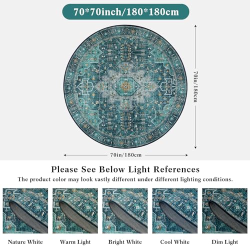 Moynesa Ultra-Thin Washable Round Rug - 6ft Teal Large Living Room Circle Area Rugs, Vintage Dining Room Mat Stain Resistant Nursery Carpet for Bedroom Mudroom Kitchen Apartment Home Office