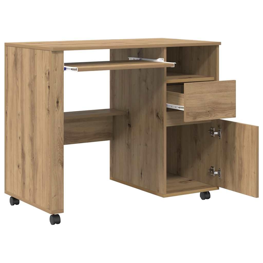 Tavolo per computer con ruote, rovere Artisan, 91 x 50 x 77 cm, materiale in legno, scrivania flessibile per casa, ufficio, giochi, cameretta dei bambini, con spazio di archiviazione
