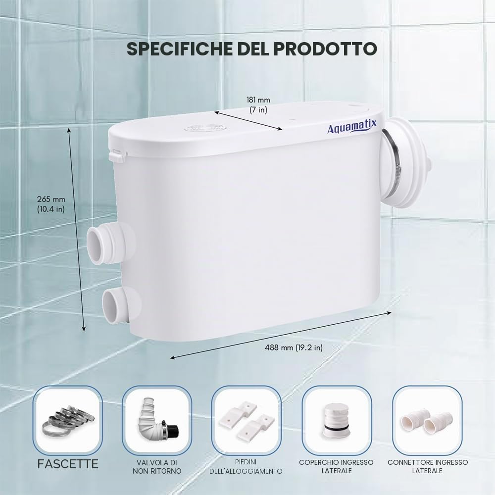 Aquamatix Silencio S Trituratore Pompa Maceratore 400W Sistema di Sollevamento 145L/min per WC sospeso 3 ingressi 8m Distanza di pompaggio verticale con Filtro a carbone