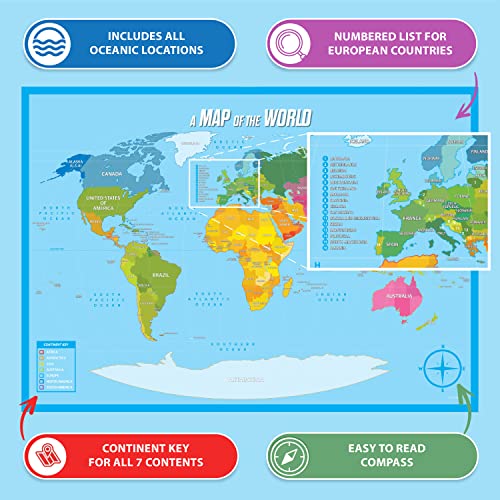 World Map & Usa Map Kids Wall Posters - 2 Large, Colorful & Laminated Learning Educational Posters For School Classroom Supplies, Home Study & Bedroom Decor #TOP3