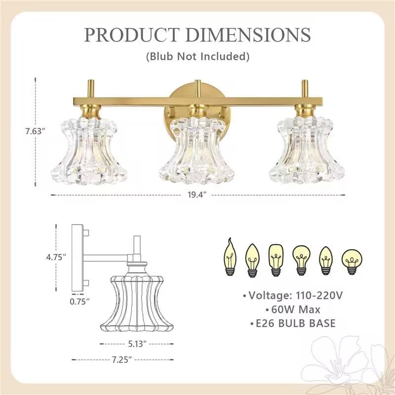 Image of Gold Bathroom Light Fixture 3-Lights Vintage Vanity Lights | Easy Installation,Elegant Clear Glass Shades,Wall Mount Up or Down