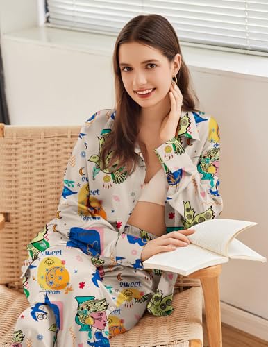 Ekouaer Womens Satin Silky Pajama Set 2 Piece Print PJs Soft Loungewear Button Down Sleepwear with Elastic Waist Long Pants