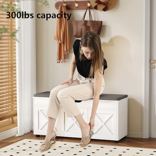 Akxomel Shoe Bench with Lift-Top Storage, 3 Barn Doors Entryway Bench with Cushion, 300lbs Capacity, Farmhouse Hidden Shoe Cabinet Bench, Adjustable Shelf, End of Bed, for Bedroom, Living Room, White - Thumbnail 5