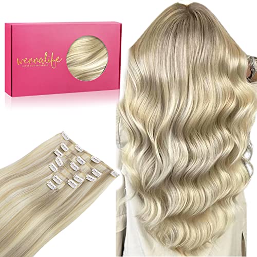 WENNALIFE 20 Inch Clip In Hair Extensions - 120g 7pcs Real Human Hair, Ash Blonde Highlighted Platinum Blonde, Coloured