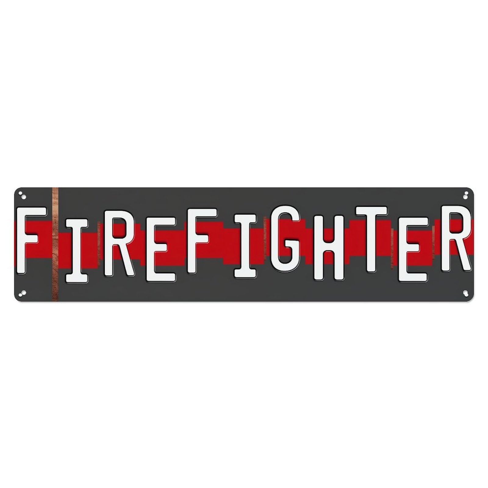 Firefighter Red Stripe Pattern Metal Tin Sign Plaque