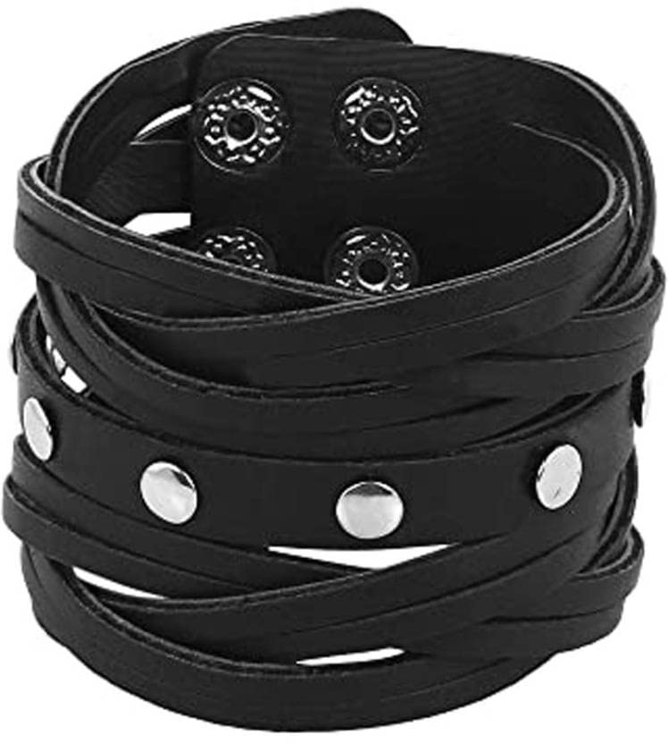 beautivia Trending Leather Black Broad Metal Width Gym Style Solid Wrist Band Bracelet Cuff for Boys/Men (Black)-picture-10