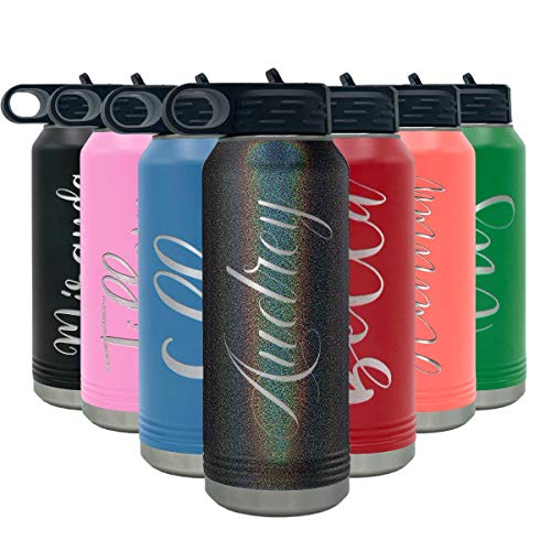 Personalized Bottles 32 oz with Straw Black Rainbow Glitter Engraved Customized Cup Gift Stainless Steel Vacuum Insulated