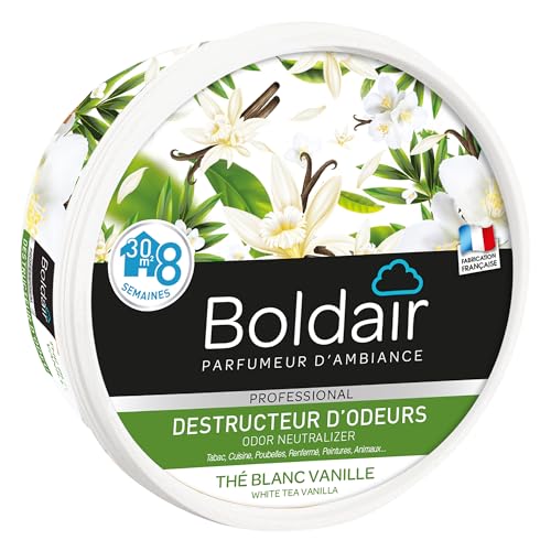 BOLDAIR - Gel eliminador de olores Té blanco y Vainilla - Neutraliza los olores - perfuma - Producto en gel sólido - Múltiples aplicaciones - 8 semanas de duración - 300 g - Fabricado en Francia