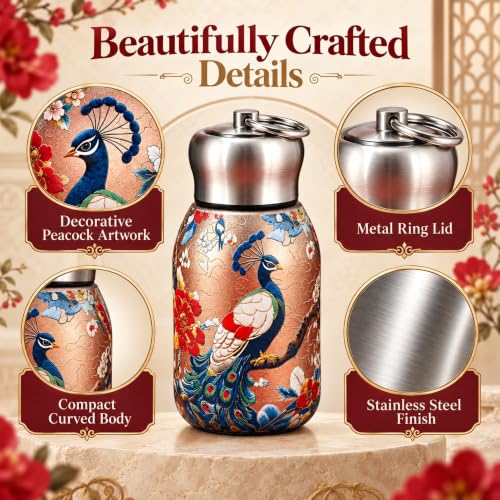 Image of Small Water Bottle 300ml, Mini Stainless Steel Drinking Bottle with Leak-Resistant Lid and Keyring, Compact Reusable Bottle for Office, School, College, Travel, Gold Peacock