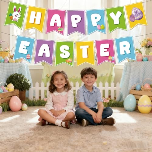 Image of Happy Easter Banner for Easter Party Decorations Indoor Outdoor Egg Bunny Hanging Decor