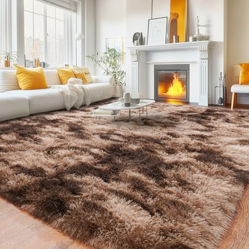 Rugs for Living Room 9x12, Soft Shaggy Modern Shag Area Rug for Bedroom, Upgrade Non-Slip Plush Fluffy Carpet for Kids Boys Girls Room Home Decor Aesthetic, Tie-Dyed Brown