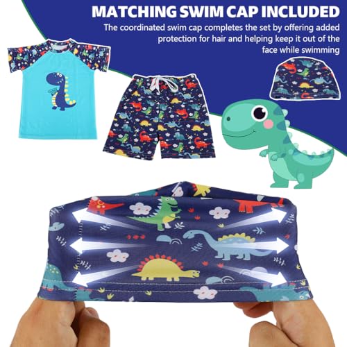 Image of PROBEROS Kids Swimming Suit Set of 3 for Boys, Cartoon Dinosaur Swim Top, Shorts and Swim Cap, Elastic Drawstring Shorts, Quick Dry Polyester Swimsuit for Swim Class, Beach, Pool