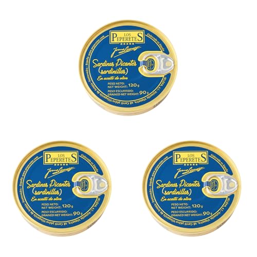 LOS PEPERETES x3 Lata Sardinillas Picantes en Aceite de Oliva 120 g | Sardinas Pequeñas Gourmet Gallegas | Conserva Artesanal en Aceite Picante | Pescado Azul del Atlántico | Sabor Tradicional