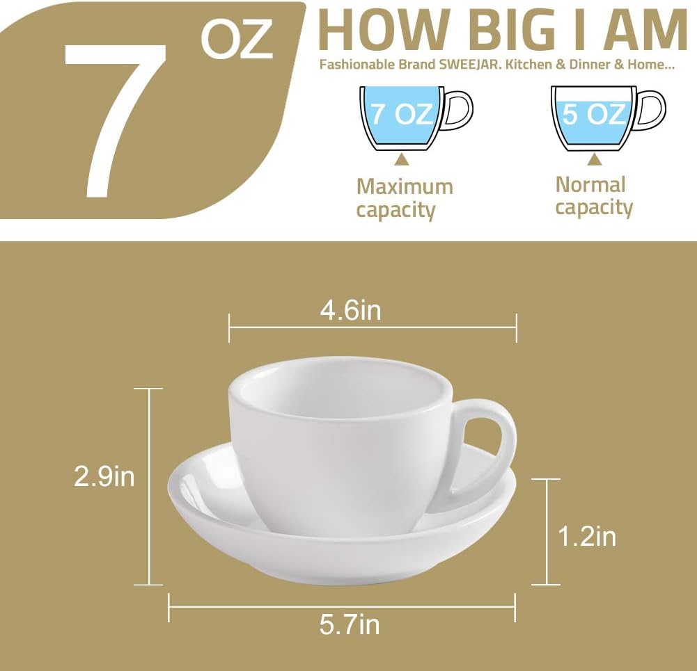 Sweejar Ceramic Cappuccino Cups and Saucers Set, 7 Ounce Espresso Cups for Coffee Drink, Latte, Café Mocha and Tea - Set of 6(Blue)