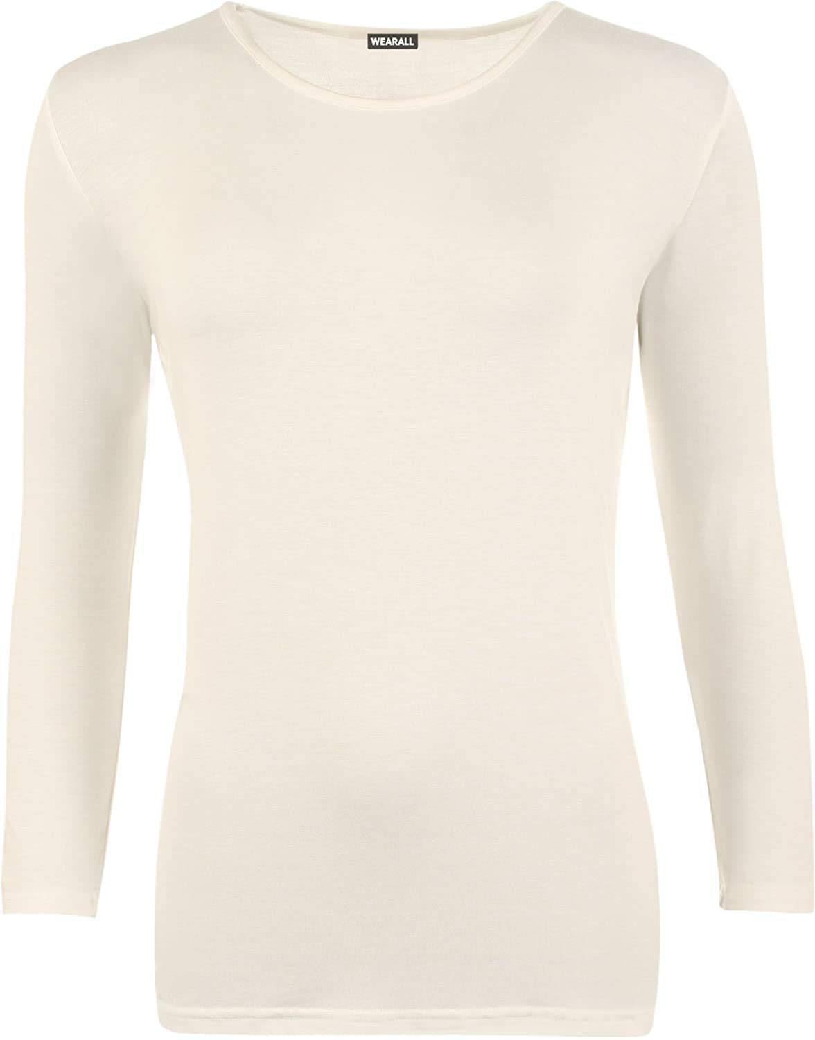 GirlzWalk Women's Plain Long Sleeve T-Shirt Basic Casual Plain Stretch Top Plus Size (Cream, SM = UK 8-10)