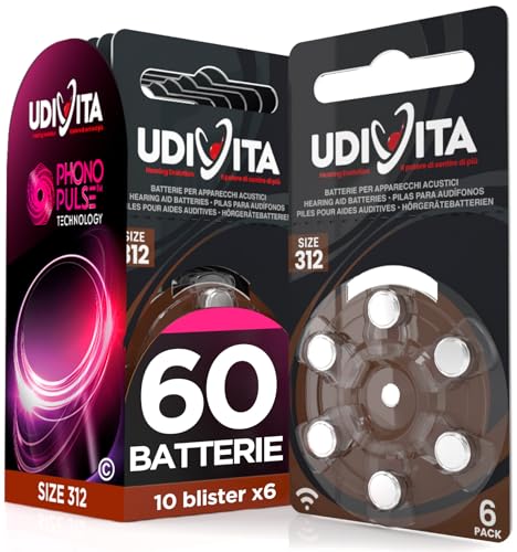60 Batterie per Apparecchi Acustici Udivita Misura 312 PR41 a Lunga Durata con Tecnologia Phono Pulse - 10 Blister da 6 Pile