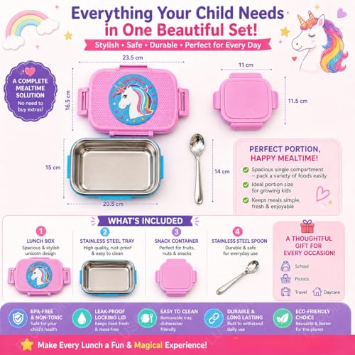 Image of PLUSPOINT Unicorn Big Steel Lunch Box | Stainless Steel Lunch Box with Inner Separate Veg Box | Leak Proof and Break Resistant | Tiffin for Kids, Adults with Snap Lock | Ideal for Office, School