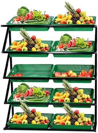Retail Display Storage Rack，Supermarket Vegetable Shelves, 4/5 Layer Supermarket Fruit Vegetable Display Shelf, Fresh Goods Market Stand with 8/10 Baskets for Retail Pantry Convenience Store