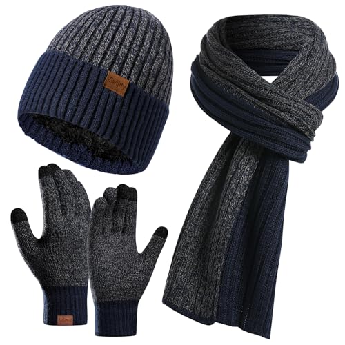 Image of Ziwijity Winter Beanie Hat Scarf Gloves Set for Men & Women - 3PCS Knitted Warmer Set with Touchscreen Gloves, Long Soft Fleece Scarf for Cold Weather (Navy Blue)