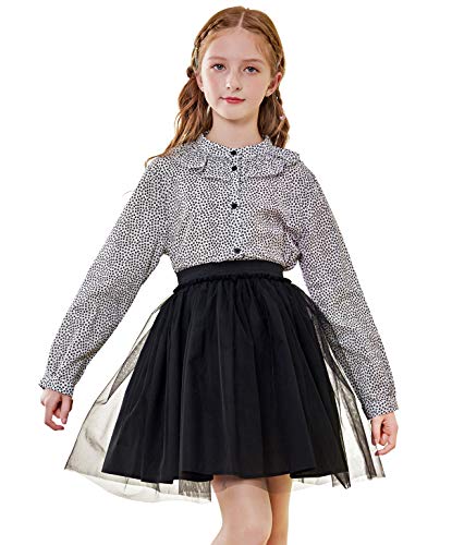 Image of SOLOCOTE Girls Blouse Ruffle Long Sleeve Button Down Shirts Princess Cotton Loose Soft Tops Spring and Summer, SLN9011 13-14 Black