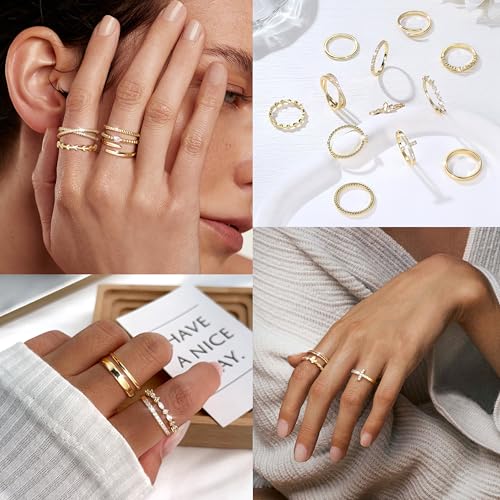 14K Gold Filled Stackable Rings for Women Opal Cross CZ Wedding Bands Rings Dainty Plain Gold Knuckle Rings Set Comfort Fit Size 6-103