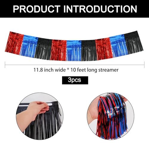 Image of BEISHIDA 3 Packs Metallic Foil Fringe Garland Red Blue Black Wall Hanging Tinsel Fringe Banners for Car Floats Bridal Shower Wedding Birthday Graduation Holiday Party Decoration(30 Feet)