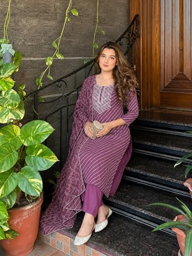 Image of ANNI Designer Women's Cotton Blend Printed Straight Kurta Set with Pant and Dupatta | Ladies Ethnic Three Piece Outfit | Round Neck 3 /4 Sleeve Kurta Pant Dupatta Set for Office College Casual Wear