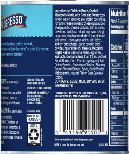Image of Progresso Italian-Style Wedding Soup, Traditional Canned Soup, 18.5 oz | Pork & turkey meatballs, carrots & spinach in chicken broth, No artificial flavors or colors, Ready to serve