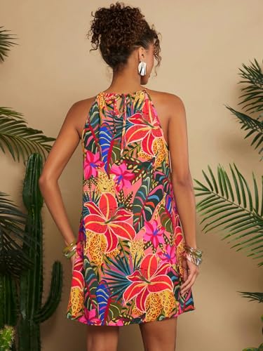 Image of KATECLO Women's Summer Halter Neck Printed Mini Dress - Casual Loose Fit Sleeveless Boho Beach Dress, Lightweight Vacation Sundress for Women