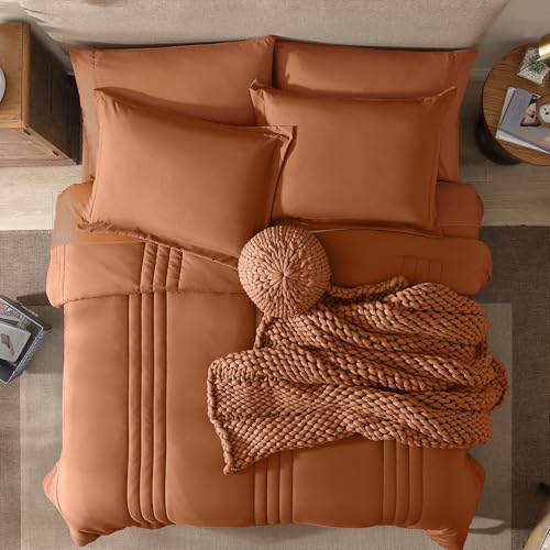 Image of Monbix Super King Plus Size Comforter Set - 7 Pieces Burnt Orange Bed in a Bag Super King Plus Bedding Sets with Comforters, All Seasons Comforter Bed Set with Sheets,Pillowcases & Shams