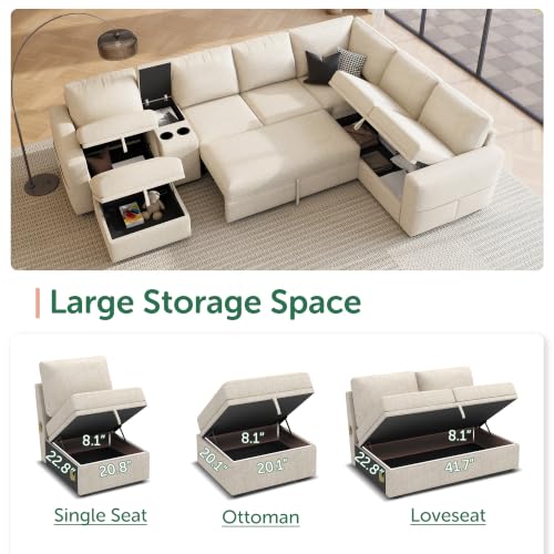 Image of HONBAY Modular Sleeper Sofa with Pull Out Bed, Central Console, Beige