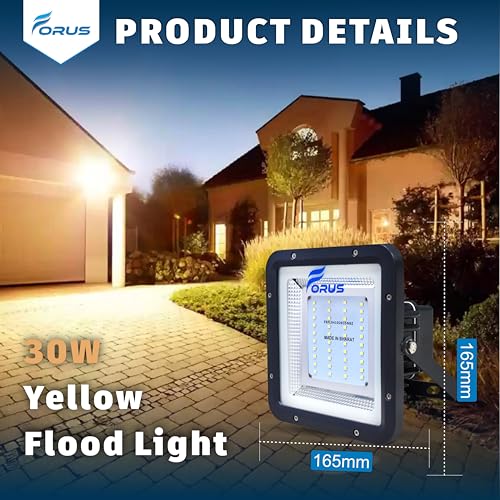Image of Forus 30W LED Flood Light 4 Years Warranty, IP67 Waterproof Outdoor LED Flood Lights, High Mast Focus, Halogen Flood Light for Factory, Garage, Parking, Garden, Shop, Warehouse, Tent, Yellow 1PC