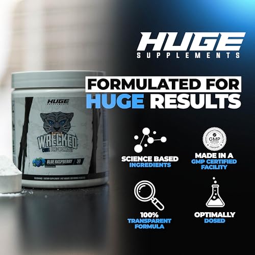 Image of Wrecked Core - All-in-One Pre-Workout Supplement for Men & Women, Increase Energy, Focus & Pumps with L-Citrulline, Beta-Alanine, L-Tyrosine & More (30 Servings) - Blue Raspberry