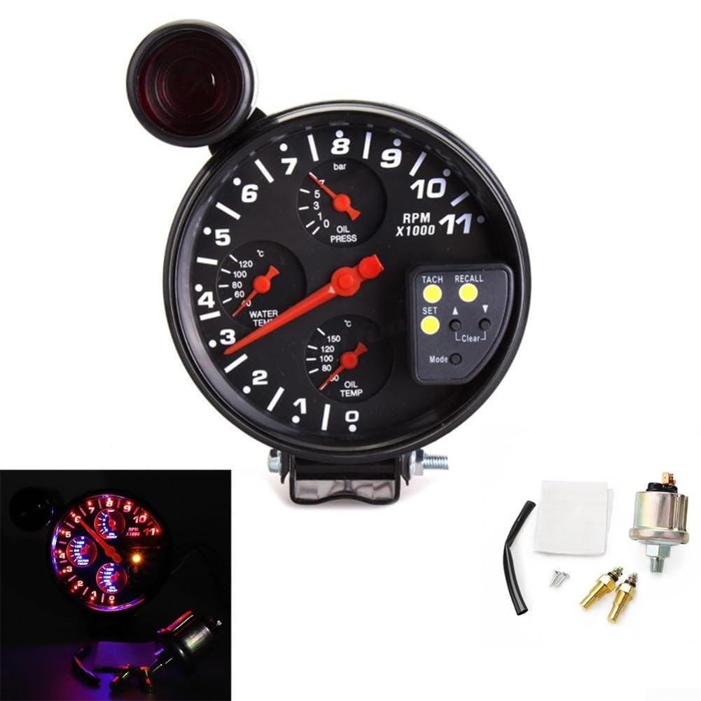 Tachimetro 4 in 1 per auto, 12 V, con sensore, misuratore di pressione della temperatura dell'olio e dell'acqua, retroilluminazione rossa e blu per il monitoraggio del motore a 4 6 8 cilindri