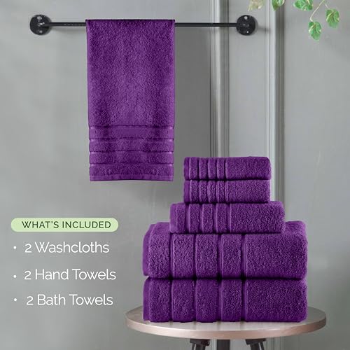 Image of Elegant Comfort 4 Lines Viscose Stripe 6-Piece Premium Towel Set - 100% Turkish Cotton High Absorbent Luxury Bathroom Towels - Includes 2 Washcloths, 2 Hand Towels and 2 Bath Towels Set, Purple