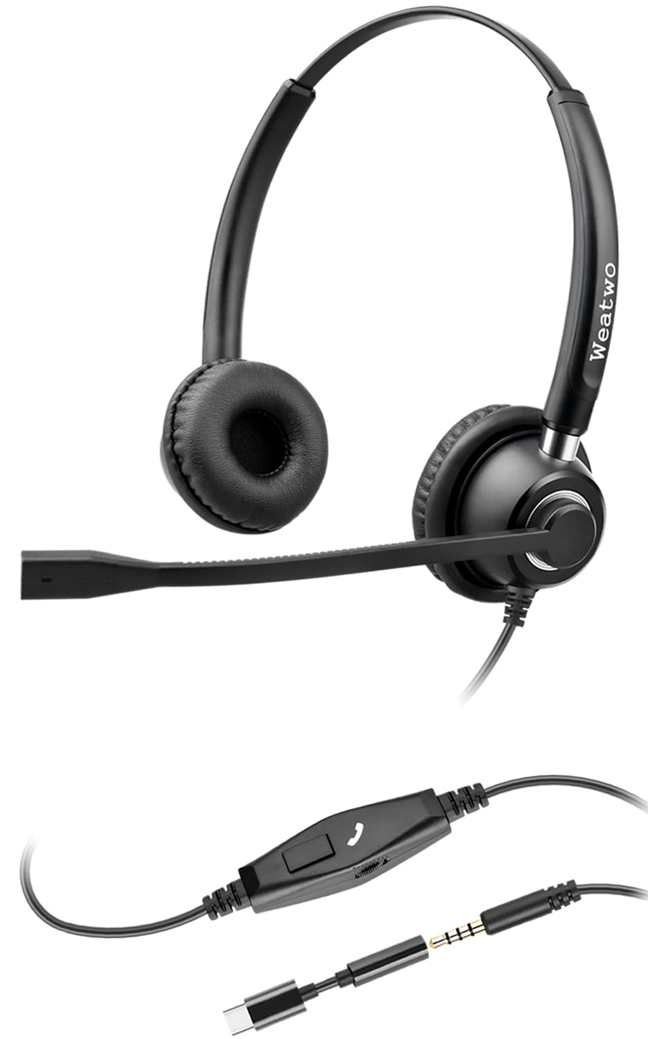 Weatwo 3,5 mm kabelgebundenes Headset mit Noise Canceling Mikrofon, USB-C/3,5 mm Jack 2-in-1 PC Headset, Stereo Headset mit In-Line-Steuerung für Teams, Business, Skype, Zoom, Home Office - Schwarz