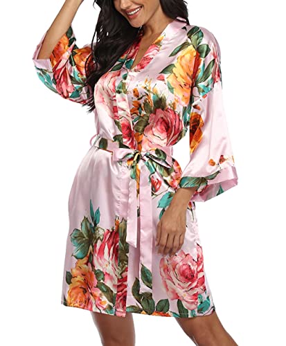 Image of VOGMATE Floral Silk Robes for Women Short Satin Kimono Bride Bridesmaid Robes Bathrobe