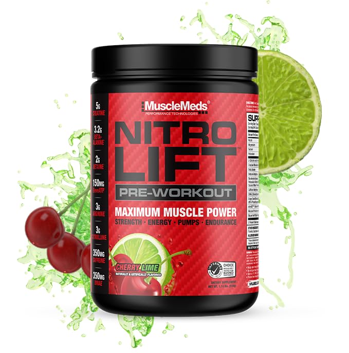 MuscleMeds Nitro Lift Pre Workout Enhance Endurance and Muscle Performance, Cherry Lime, 40 Servings