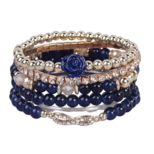 Rose Flower Charms Stackable Bracelets Multilayer Stretch Rhinestone Beaded Flower Wristlet Set Elegant Rose Bracelets Jewelry Party Gifts for Women