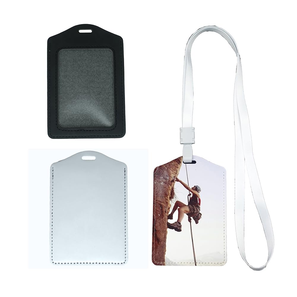 4 Pieces Sublimation Work Card Holder Badge Holders Blank Leather ID Card Holders Sublimation Rope Band DIY Crafts (Black)