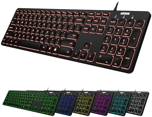 Arteck USB Wired Keyboard Universal Backlit 7-Colors & Adjustable Brightness Full Size Keyboard with 4 Feet Wire, Numeric Keypad and Media Hotkey for Computer Desktop PC Laptop and Windows 11 10 8 7