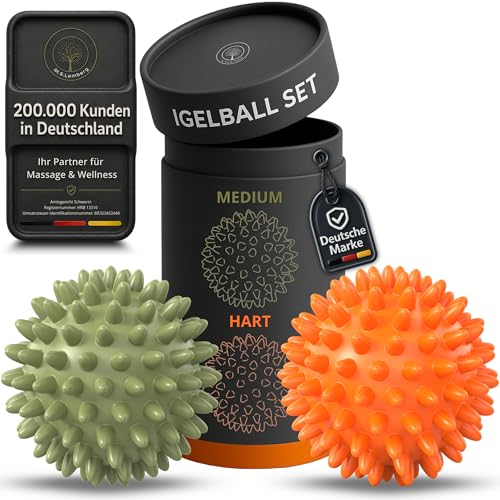 M.S.Lemberg® Igelball Massage Set - Massageball für Reflexzonen, Anti-Stress, Entspannung Geschenk - Noppenball Fußmassage Rücken Nacken Hand Fuß - Ball mit Noppen klein - hart & mittel-weich 1