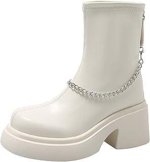 Botas de saltar para mujer, con plataforma, con forro cálido, de piel, con tacón de bloque, antideslizantes, con cadenas