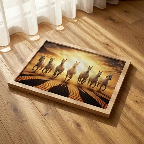 Image of 7 White Horse Vastu Wall Painting - Running Horses Golden Sunrise Desert Framed Wall Art for Living Room & Office Decor (Natural, Design 09, 13x19 Inch)