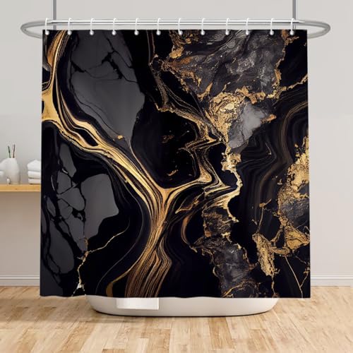 Xiaoterna Marble Shower Curtain Abstract Black Gold Marble Bathroom Curtain Gold Powder Sparkling Modern Luxury Marble Shower Curtain Machine Washable Waterproof Fabric 150x200cm - Image 3