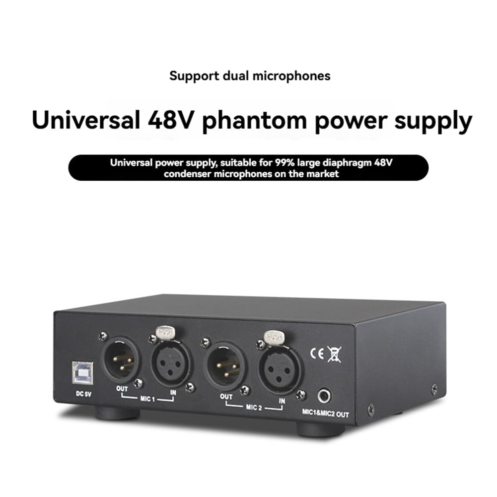 Fuente de Alimentación Fantasma 2 Entradas y 2 Salidas de 48 V. Alimentación Fantasma Compacta Universal para Micrófonos de Condensador y Equipos de Grabación de Música.